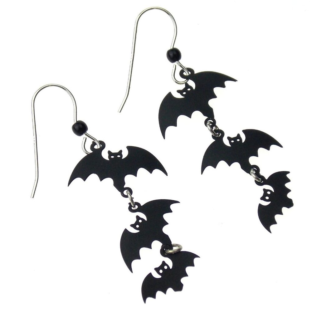 Sienna Sky Black Bat Halloween Earrings 3D Hypoallergenic Sterling Silver Dangle